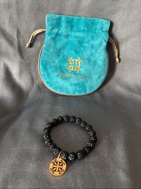 Rustic Cuff Black Beaded Stretch Bracelet with Gold Disc Charm